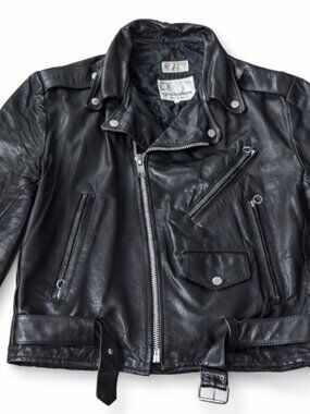 Vintage 1980s Gino Leathers Black Biker Jacket Size 44 Leather Moto Belted Y2K